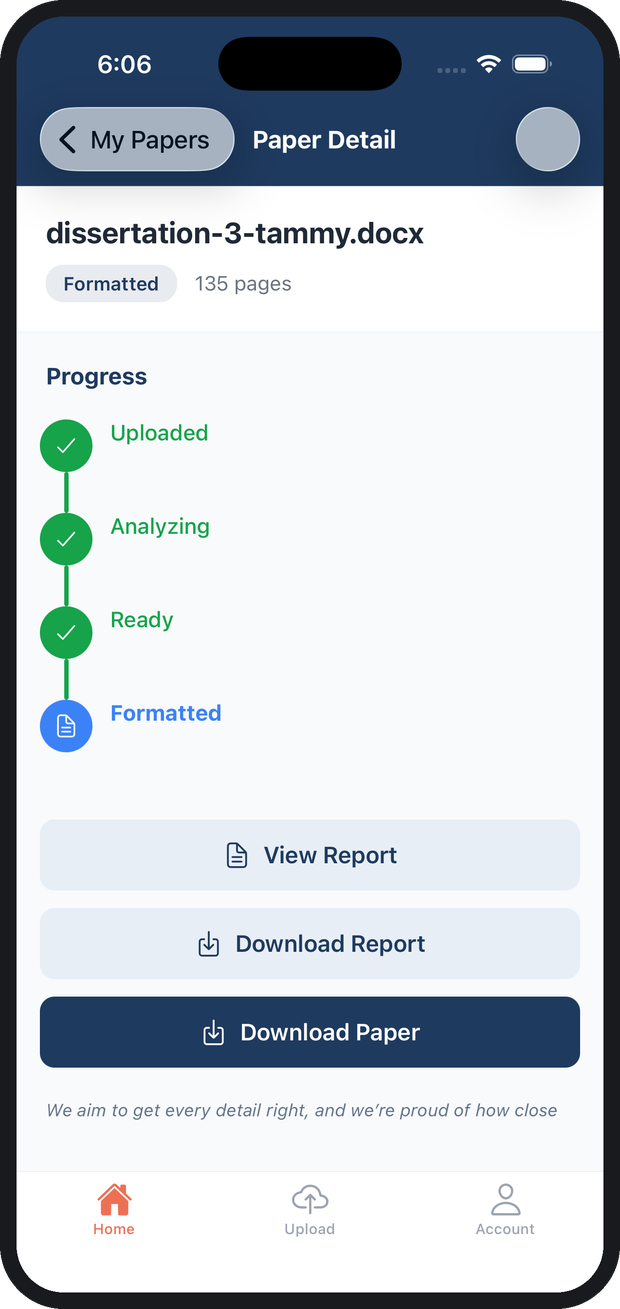 The StyleMyPaper app on an iPhone, showing a 135 page paper that has finished uploading, analyzing, and formatting, with buttons to view the report or download the paper